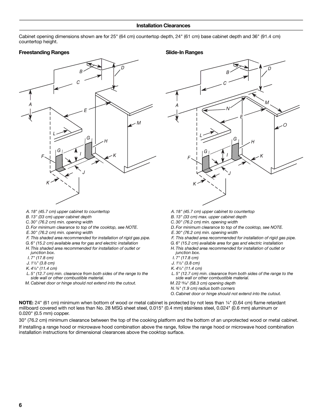 KitchenAid DUALFUEL RANGES installation instructions Installation Clearances, Freestanding Ranges, Slide-In Ranges 