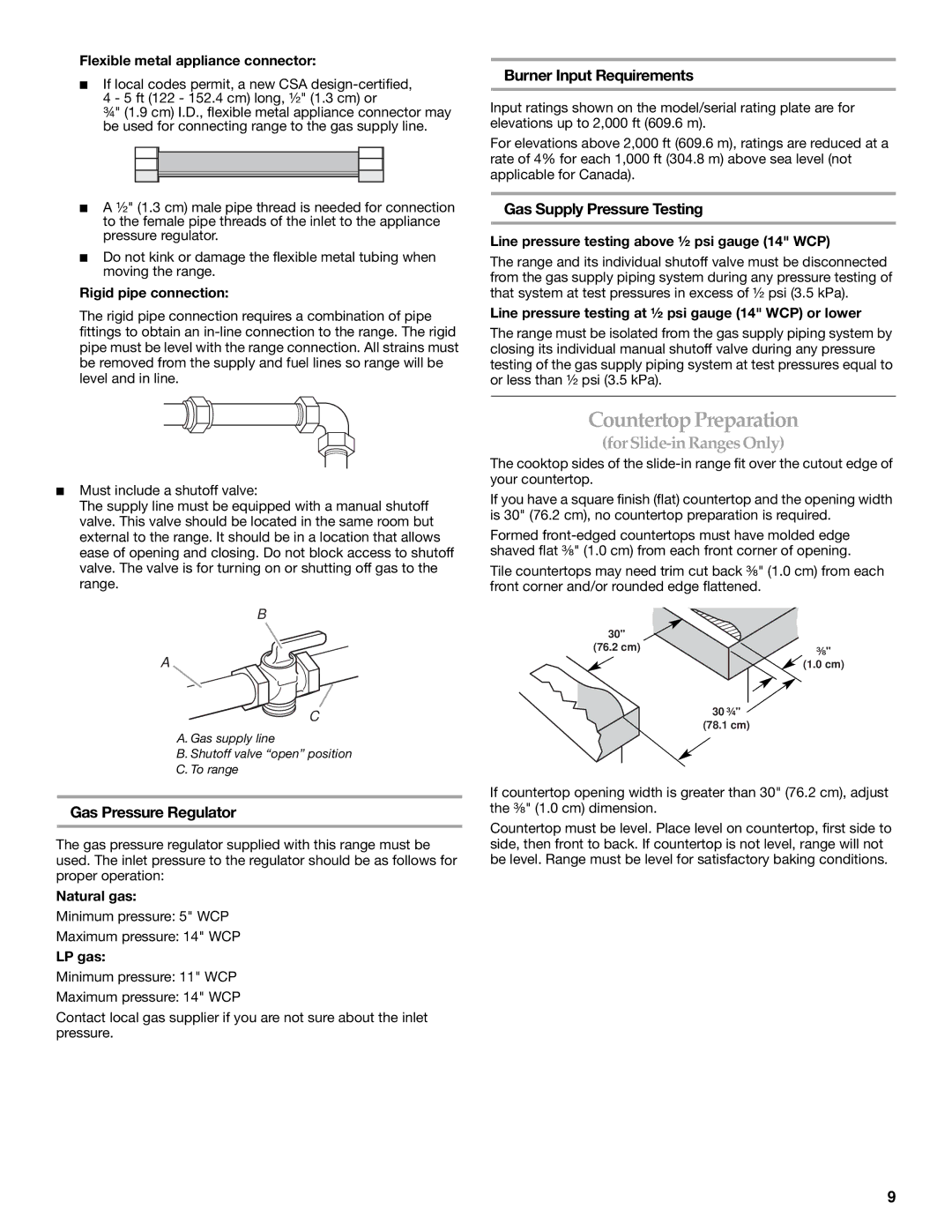 KitchenAid DUALFUEL RANGES Countertop Preparation, Burner Input Requirements, Gas Supply Pressure Testing 