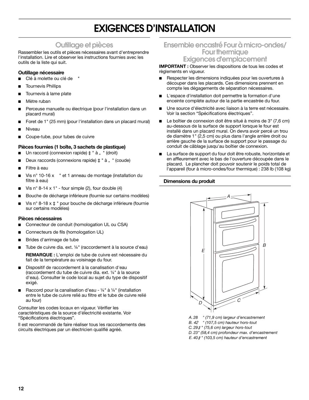 KitchenAid Electric Built-In Microwave/Oven Combination Exigences D’INSTALLATION, Outillage et pièces 