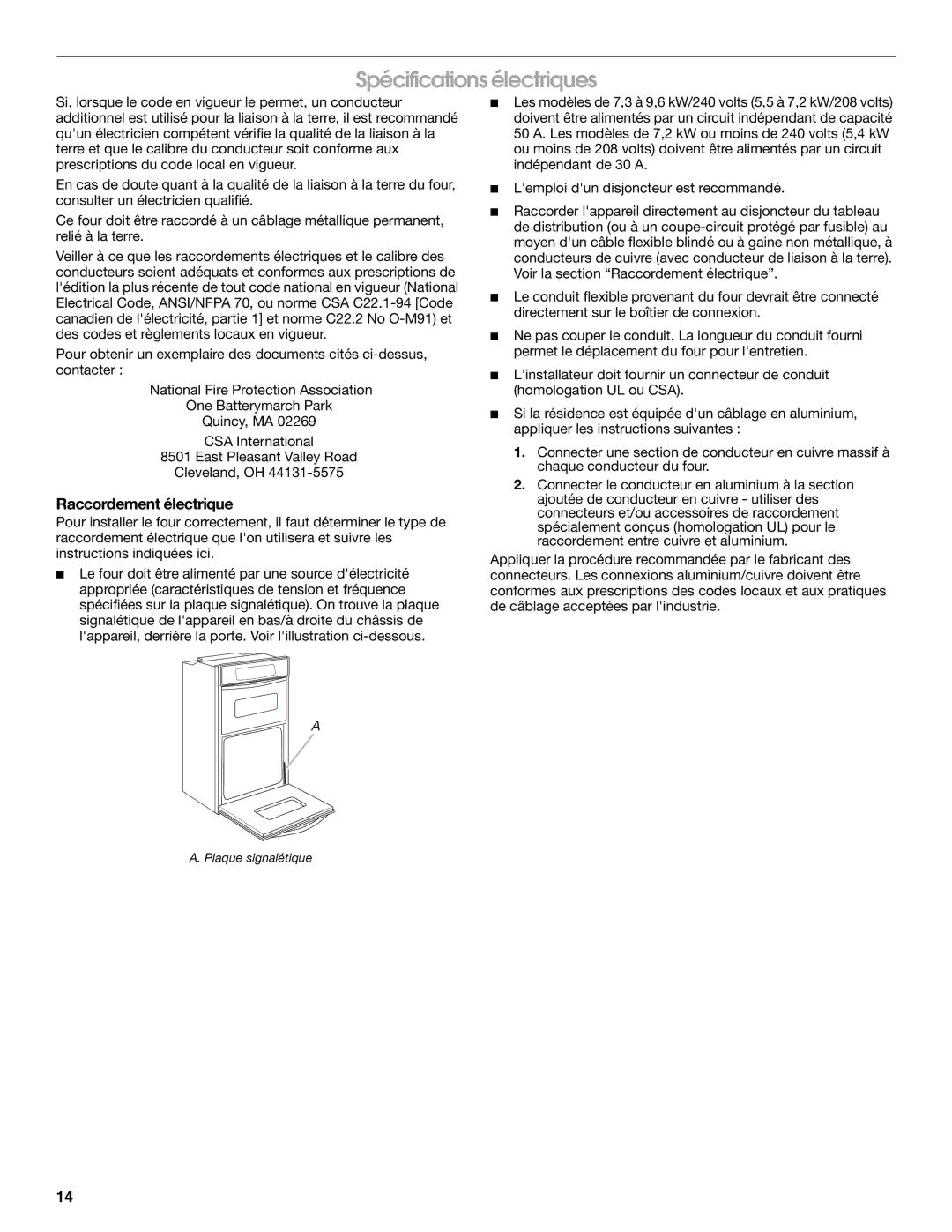 KitchenAid Electric Built-In Microwave/Oven Combination Spécifications électriques, Raccordement électrique 