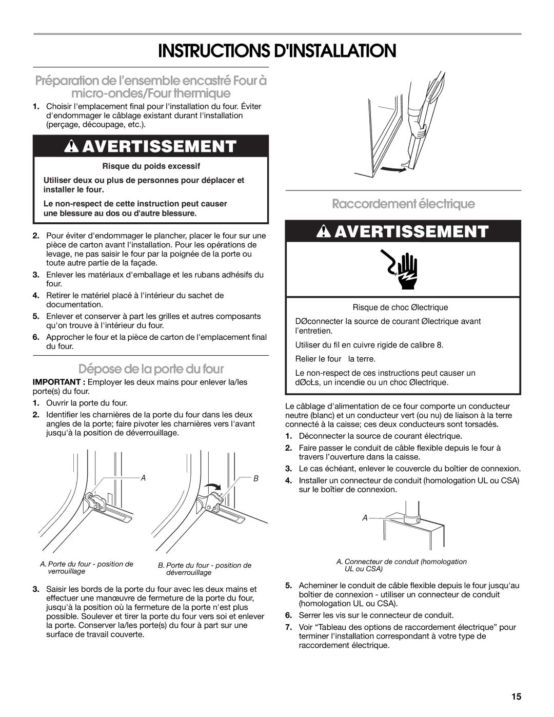 KitchenAid Electric Built-In Microwave/Oven Combination Instructions Dinstallation, Dépose de la porte du four 