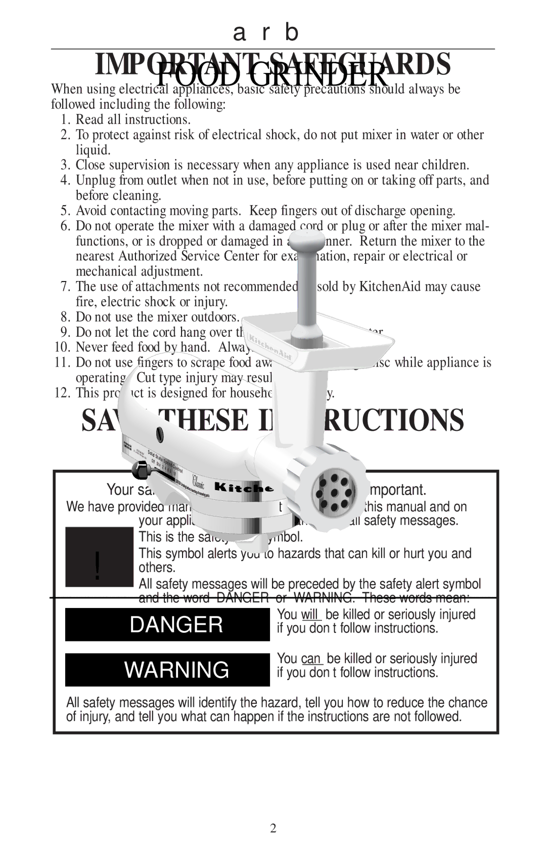 KitchenAid FOOD GRINDER manual Important Safeguards 