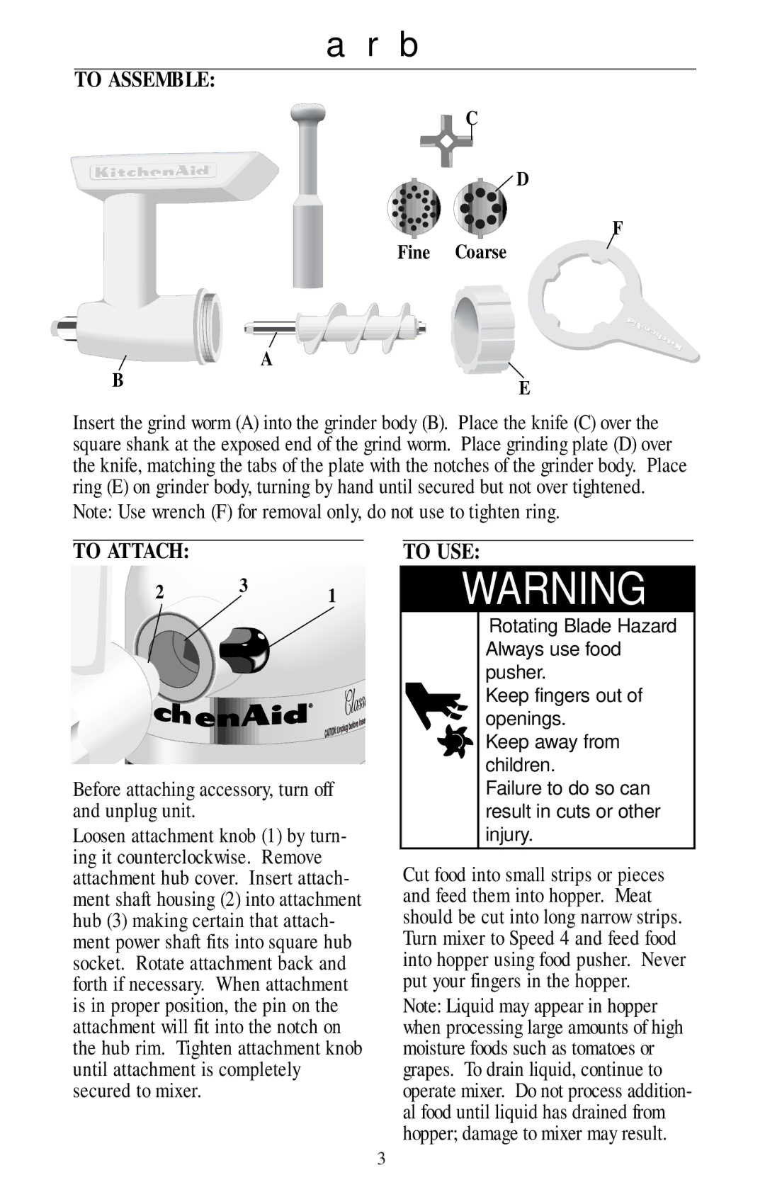 KitchenAid FOOD GRINDER manual To Assemble, To Attach, To USE 