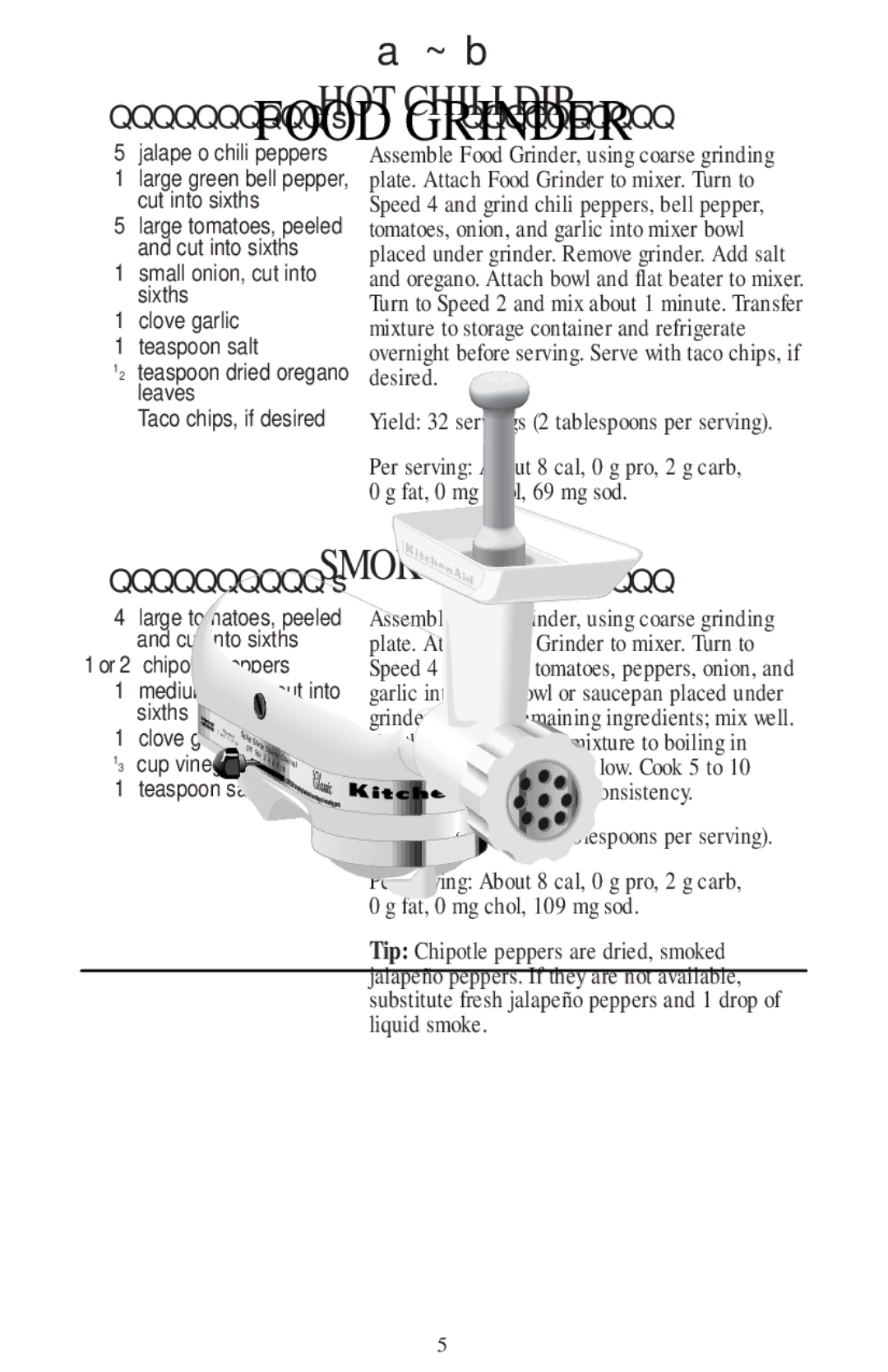 KitchenAid FOOD GRINDER manual HOT Chili DIP, Smoky Salsa 