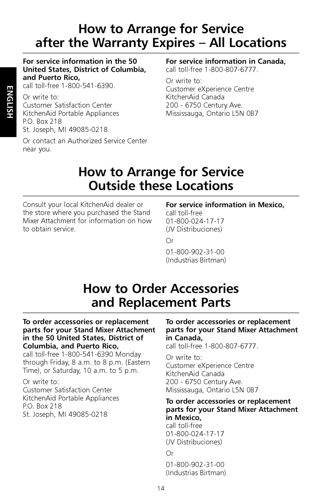 KitchenAid 9709647B, 161 How to Arrange for Service Outside these Locations, How to Order Accessories Replacement Parts 