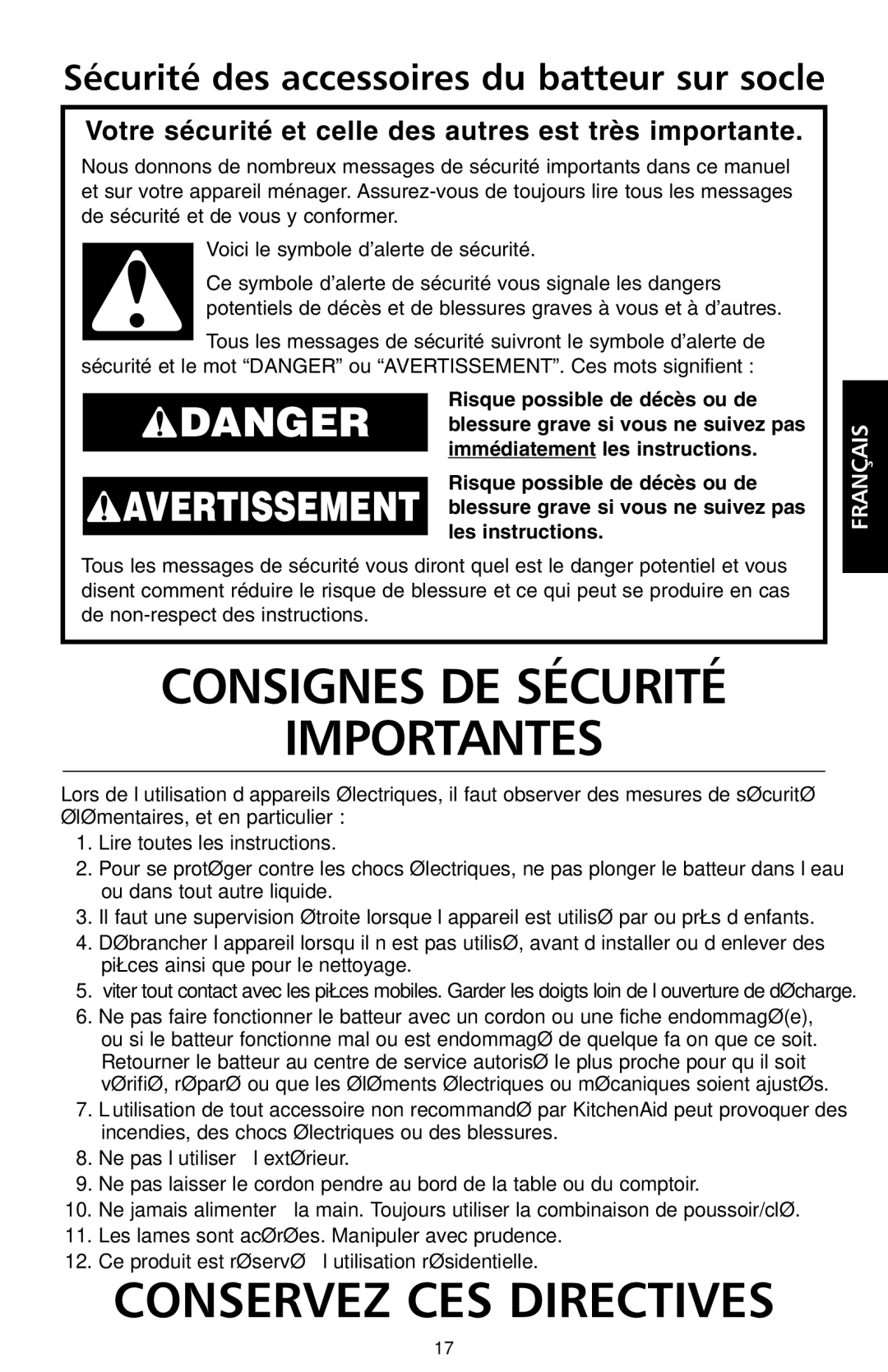 KitchenAid 9709647B Sécurité des accessoires du batteur sur socle, Votre sécurité et celle des autres est très importante 