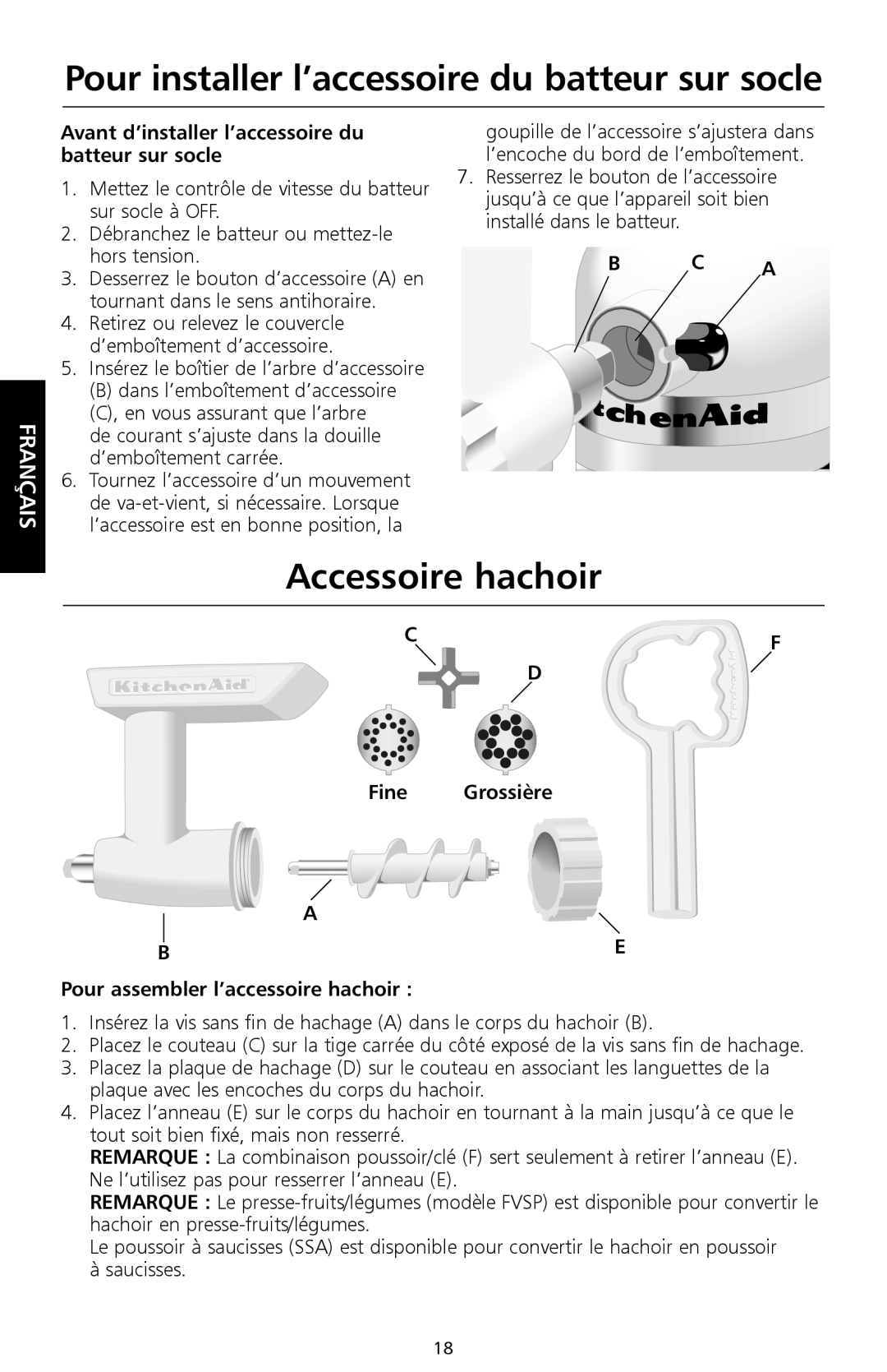 KitchenAid 161, Food Processor, 9709647B manual Pour installer l’accessoire du batteur sur socle, Accessoire hachoir 