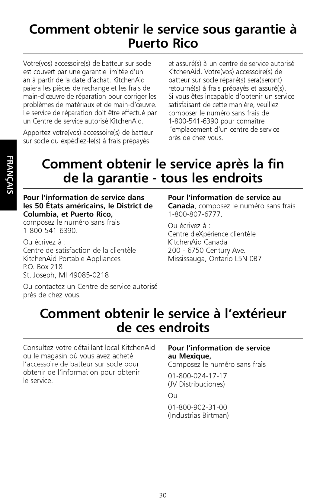 KitchenAid 161, 9709647B Comment obtenir le service sous garantie à Puerto Rico, Le service, Composez le numéro sans frais 