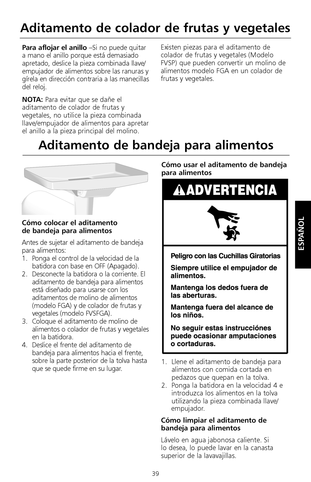 KitchenAid 161, 9709647B Aditamento de bandeja para alimentos, Antes de sujetar el aditamento de bandeja para alimentos 