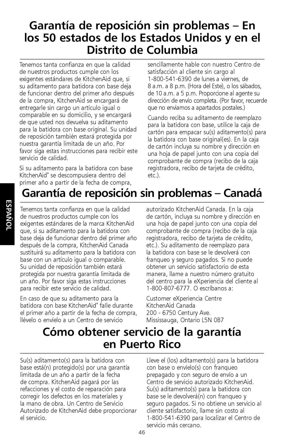 KitchenAid Food Processor Garantía de reposición sin problemas Canadá, Cómo obtener servicio de la garantía En Puerto Rico 