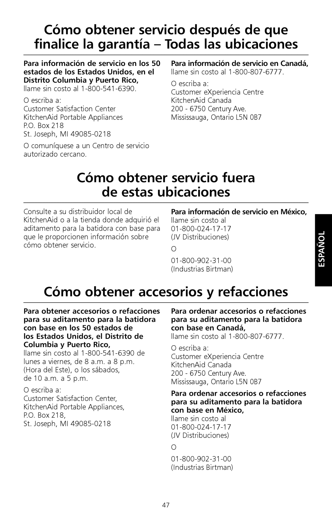 KitchenAid 9709647B, 161 manual Cómo obtener servicio fuera De estas ubicaciones, Cómo obtener accesorios y refacciones 