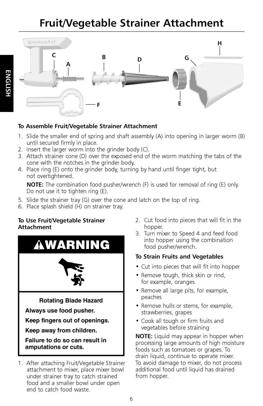 KitchenAid 161, Food Processor manual To Assemble Fruit/Vegetable Strainer Attachment, To Strain Fruits and Vegetables 