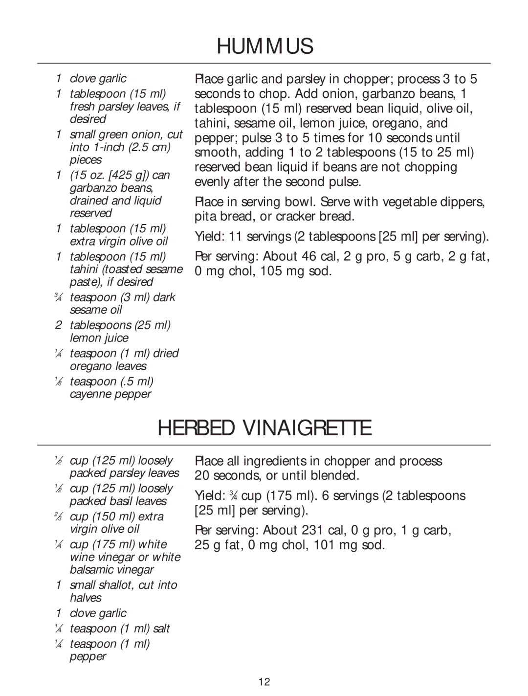 KitchenAid Food Processor manual Hummus, Herbed Vinaigrette 