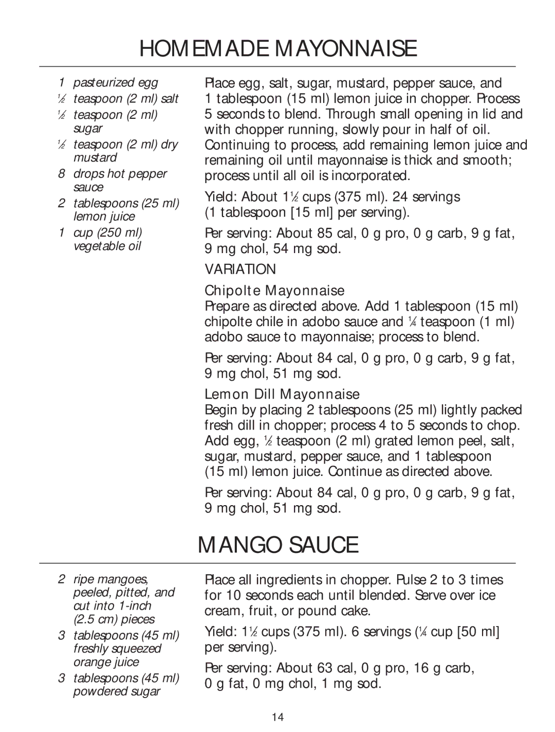 KitchenAid Food Processor manual Homemade Mayonnaise, Mango Sauce, Chipolte Mayonnaise, Lemon Dill Mayonnaise 