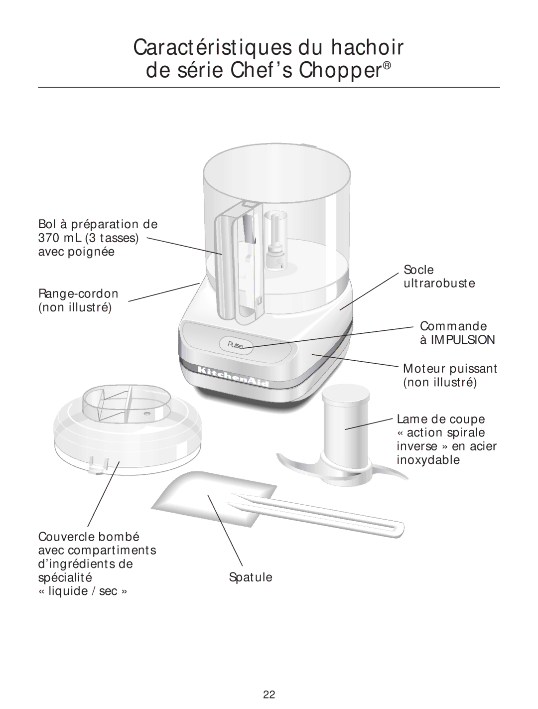 KitchenAid Food Processor manual Caractéristiques du hachoir de série Chef’s Chopper 