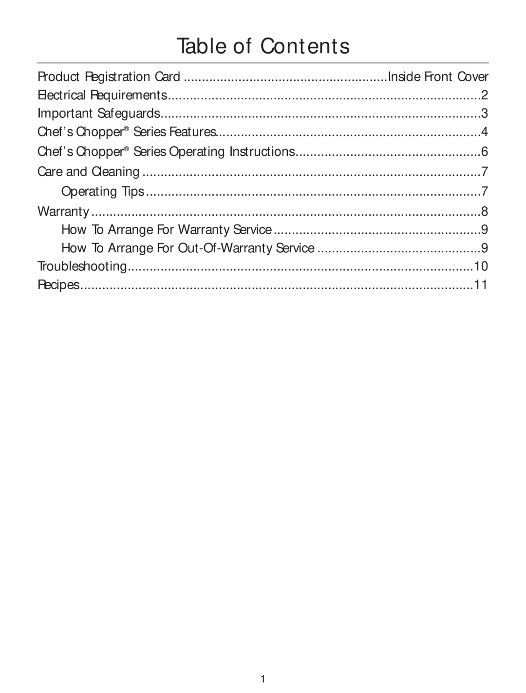 KitchenAid Food Processor manual Table of Contents 