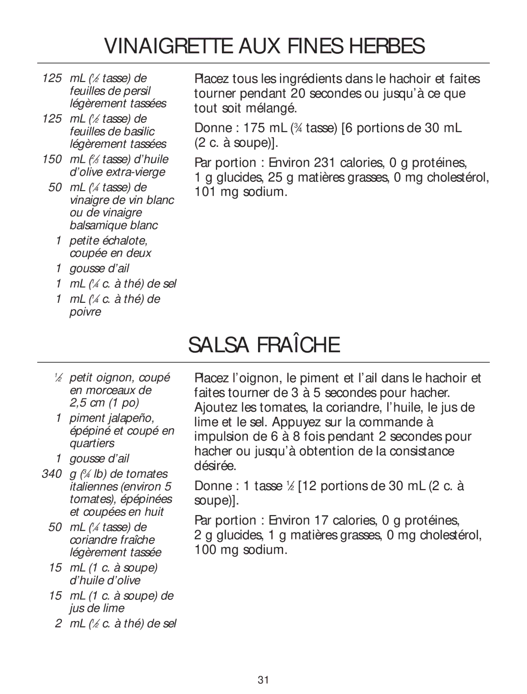 KitchenAid Food Processor manual Vinaigrette AUX Fines Herbes, Salsa Fraîche 