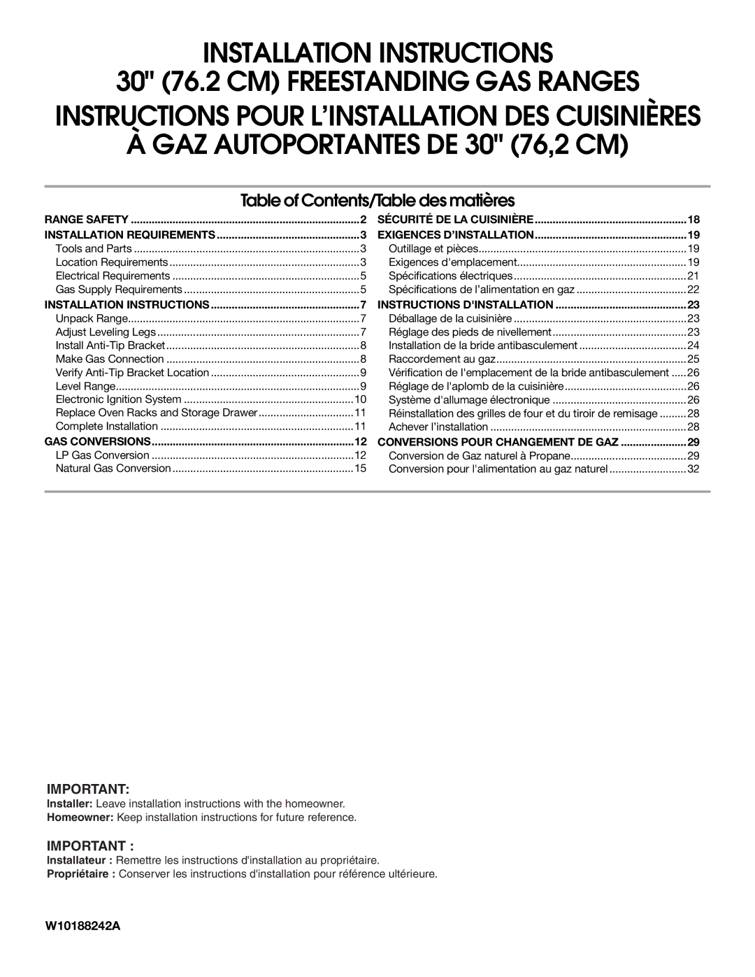 KitchenAid Freestanding Gas Ranges installation instructions GAZ Autoportantes DE 30 76,2 CM 