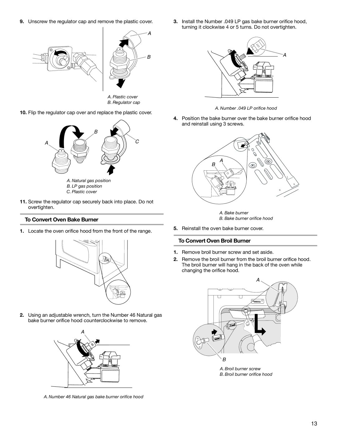 KitchenAid Freestanding Gas Ranges installation instructions To Convert Oven Bake Burner, To Convert Oven Broil Burner 