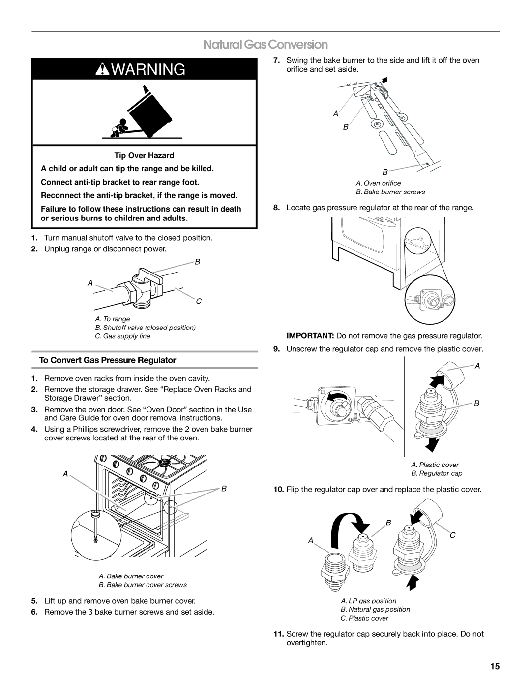 KitchenAid Freestanding Gas Ranges installation instructions Natural Gas Conversion, To Convert Gas Pressure Regulator 