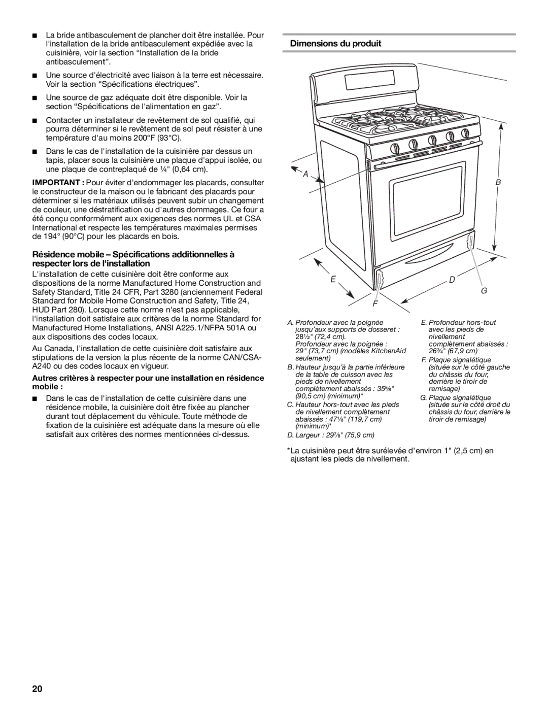 KitchenAid Freestanding Gas Ranges installation instructions Dimensions du produit 