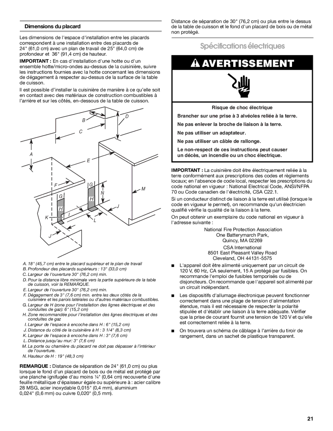 KitchenAid Freestanding Gas Ranges installation instructions Spécifications électriques, Dimensions du placard 