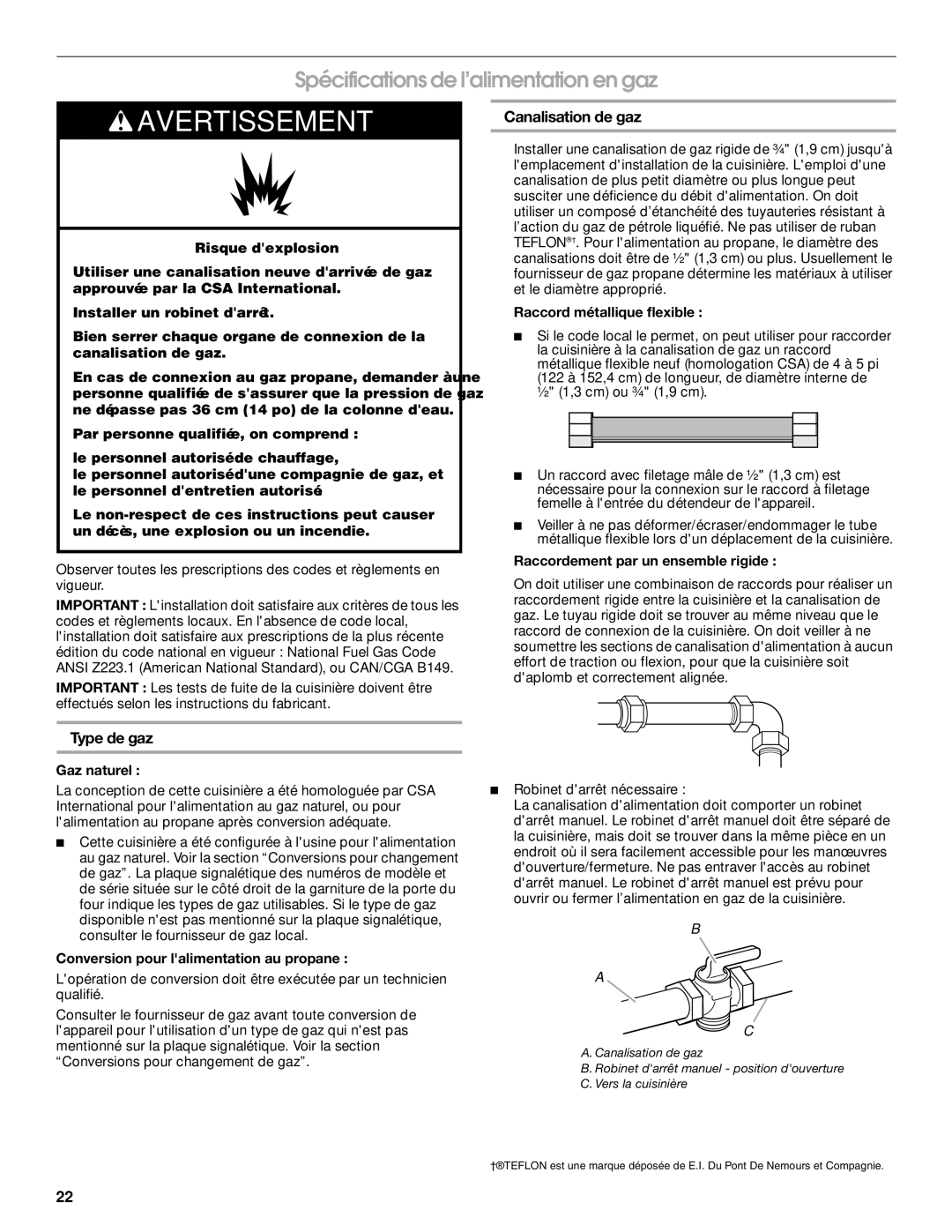 KitchenAid Freestanding Gas Ranges Spécifications de l’alimentation en gaz, Type de gaz, Canalisation de gaz 