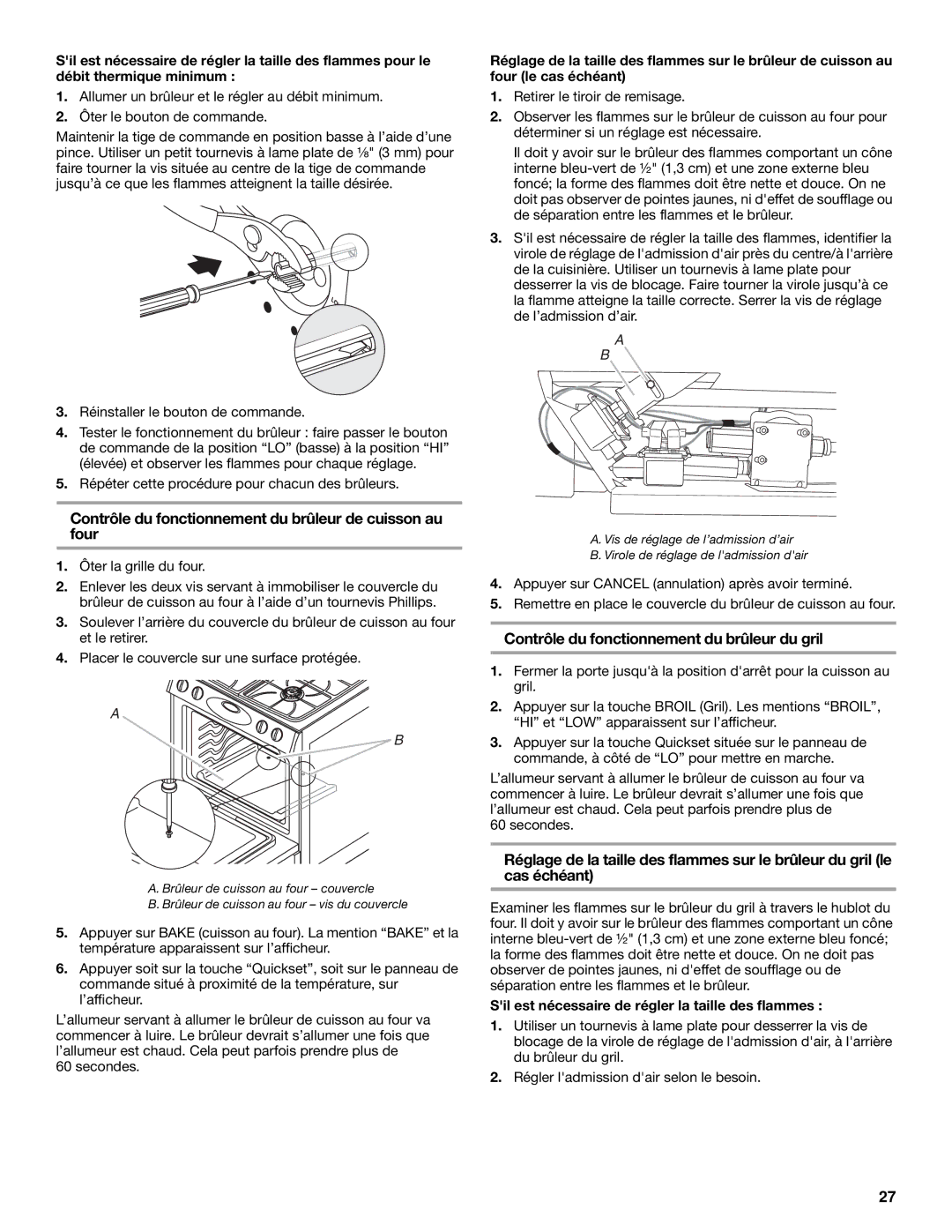 KitchenAid Freestanding Gas Ranges installation instructions Contrôle du fonctionnement du brûleur de cuisson au four 