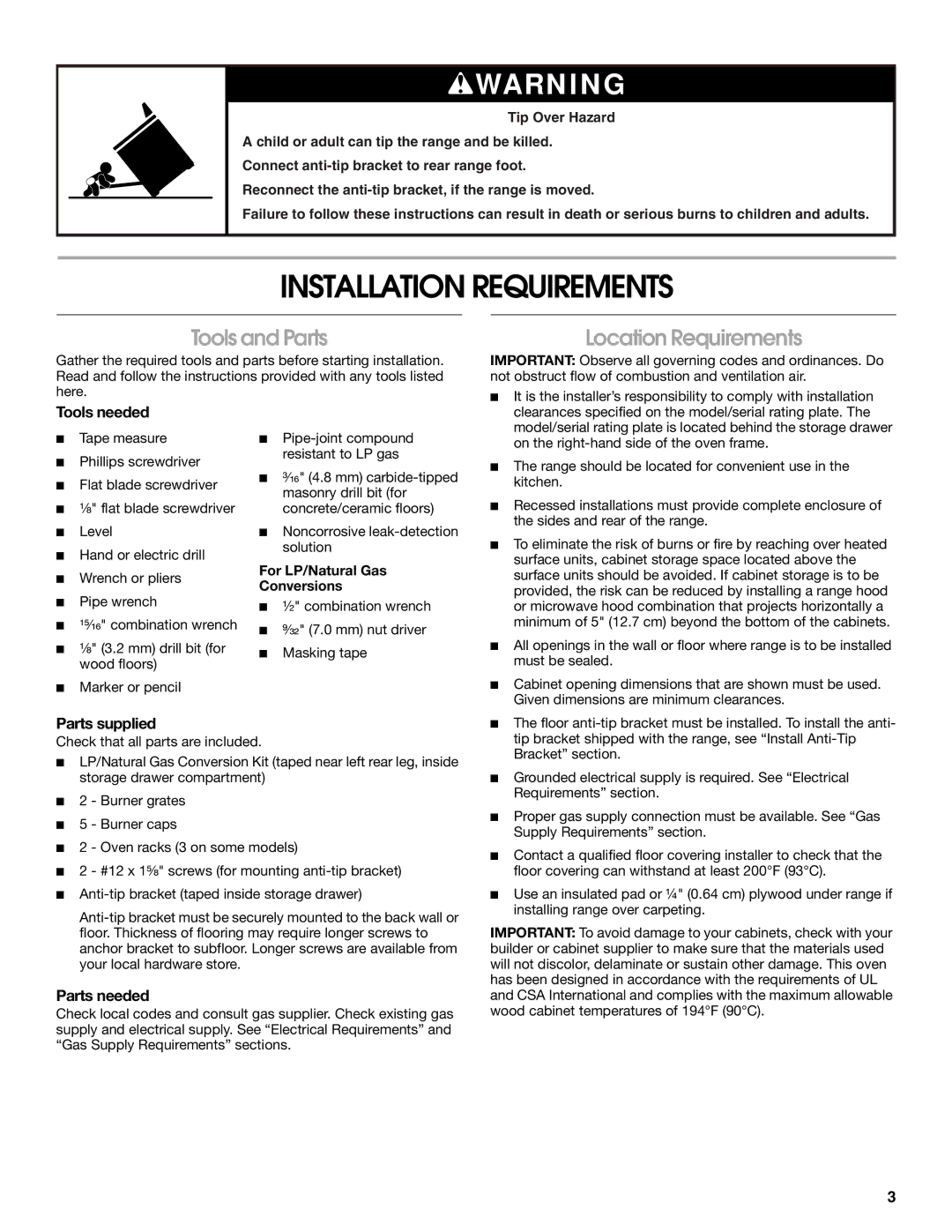 KitchenAid Freestanding Gas Ranges Installation Requirements, Tools and Parts, Location Requirements 