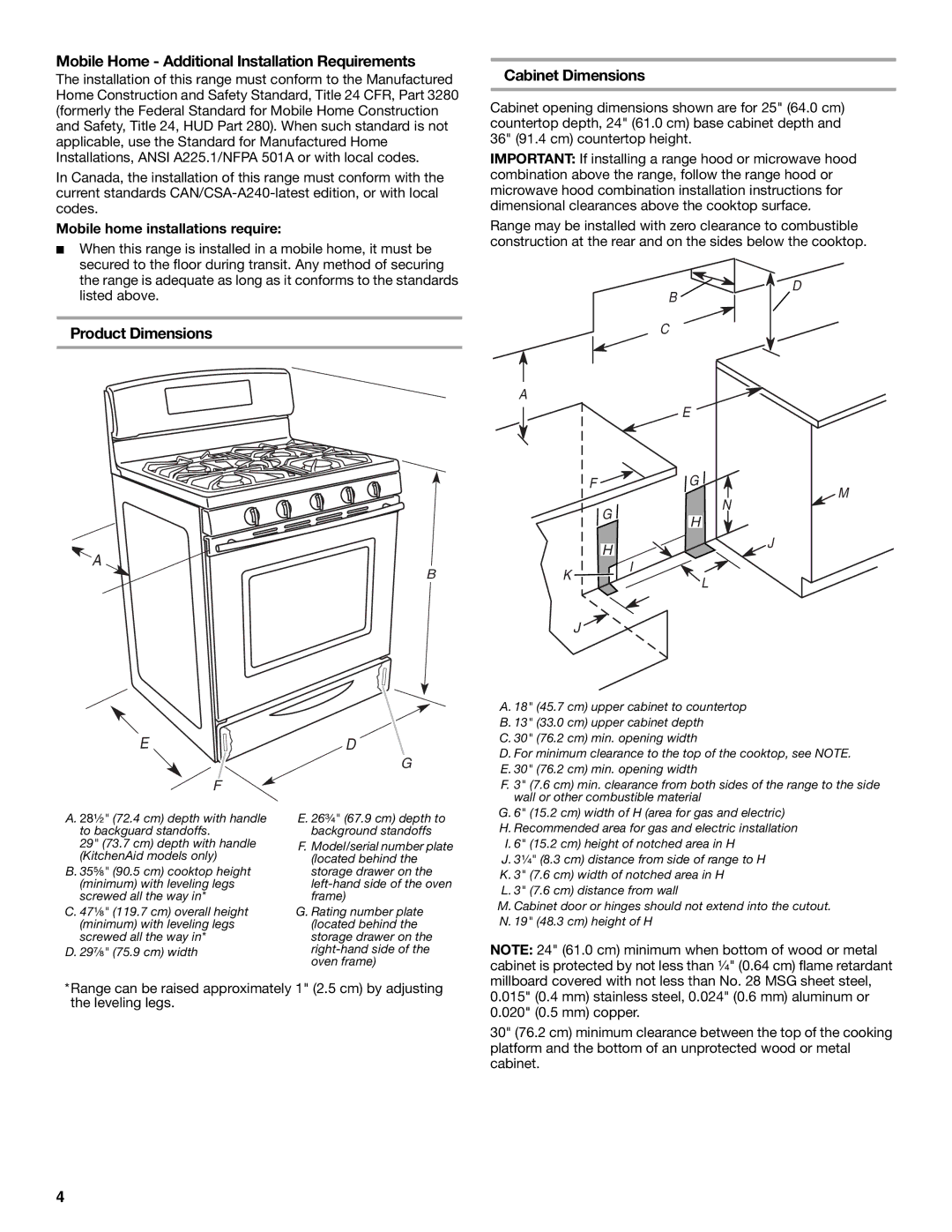 KitchenAid Freestanding Gas Ranges Mobile Home Additional Installation Requirements, Product Dimensions Cabinet Dimensions 