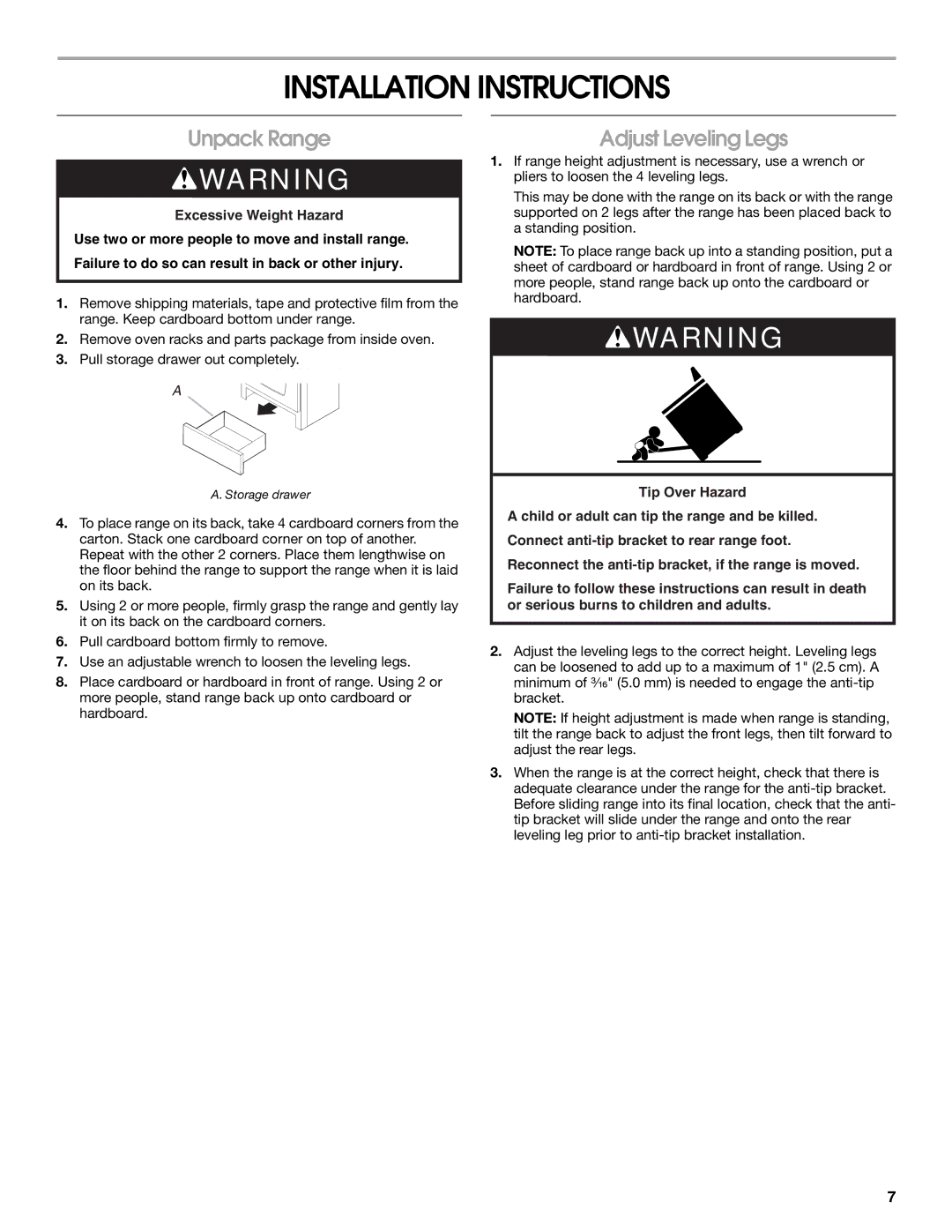 KitchenAid Freestanding Gas Ranges installation instructions Installation Instructions, Unpack Range, Adjust Leveling Legs 