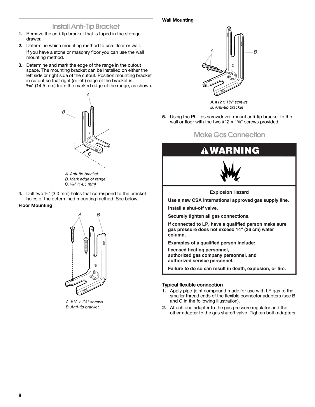 KitchenAid Freestanding Gas Ranges Install Anti-Tip Bracket, Make Gas Connection, Typical flexible connection 