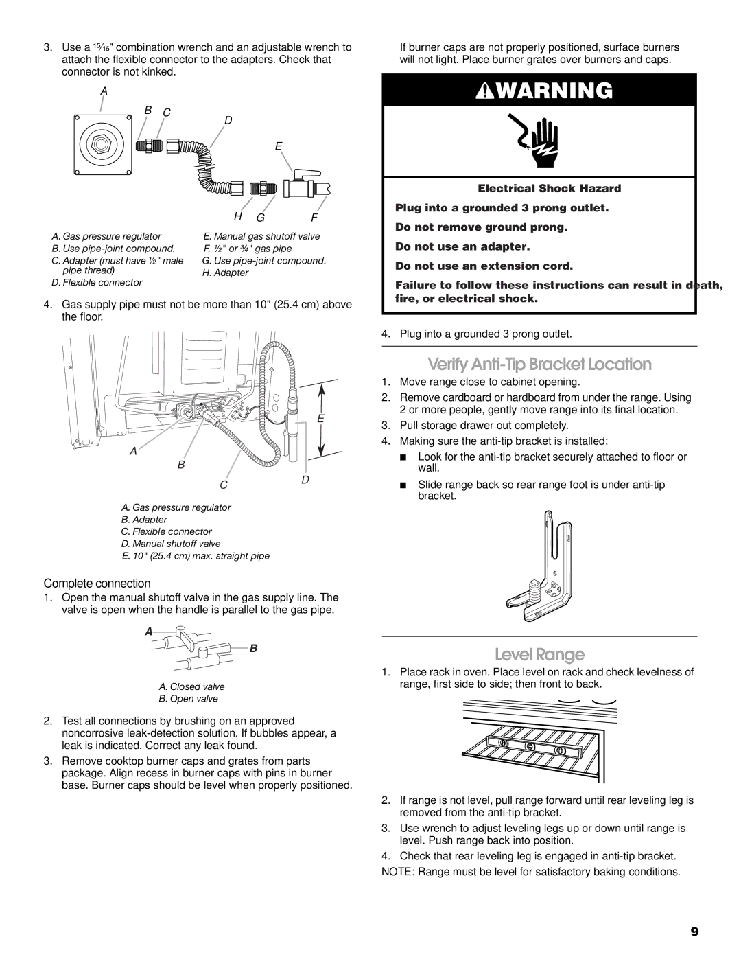 KitchenAid Freestanding Gas Ranges Verify Anti-Tip Bracket Location, Level Range, Complete connection 