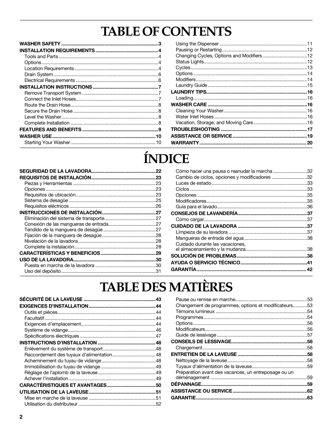 KitchenAid FRONT-LOADING AUTOMATIC WASHER manual Table of Contents, Índice, Table DES Matières 