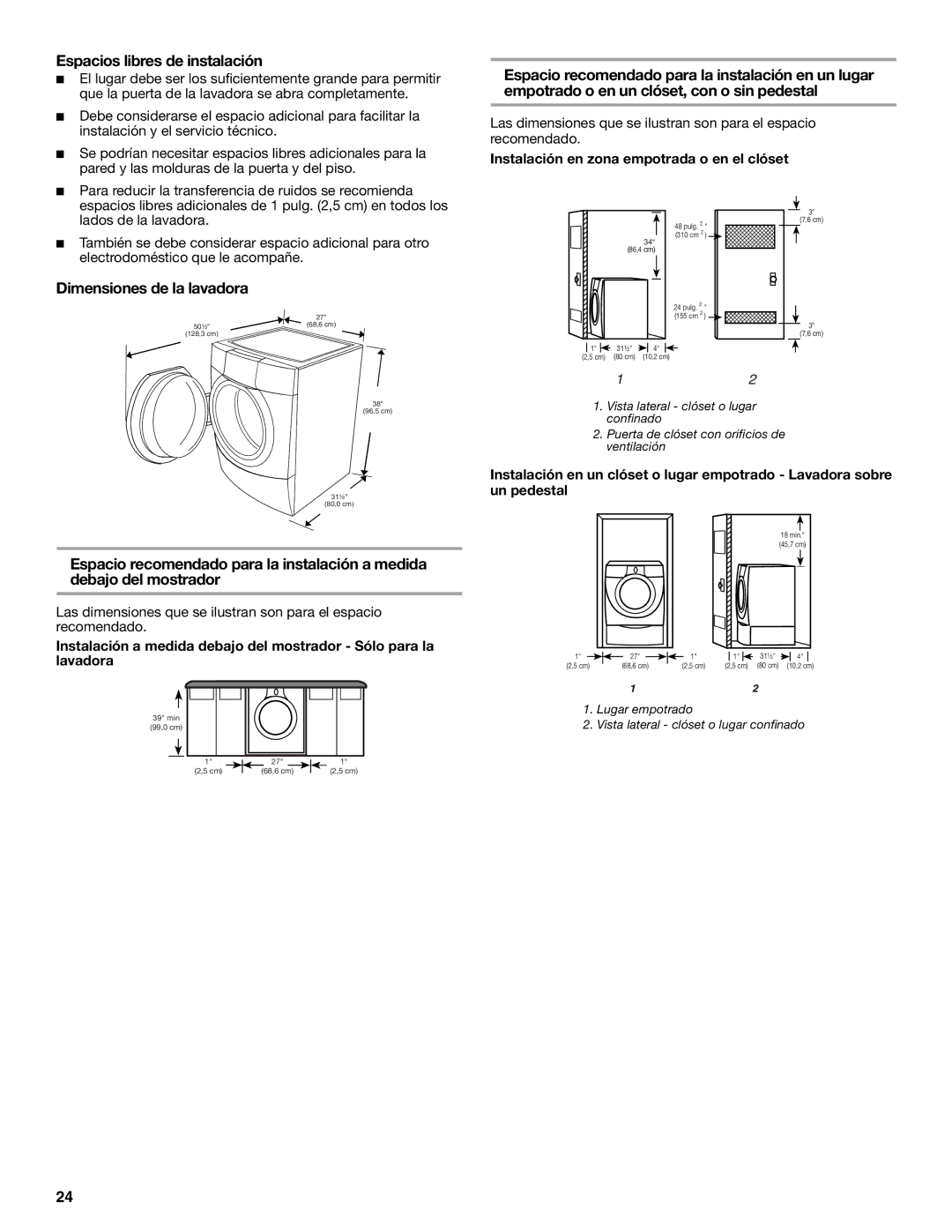 KitchenAid FRONT-LOADING AUTOMATIC WASHER manual Espacios libres de instalación, Dimensiones de la lavadora 