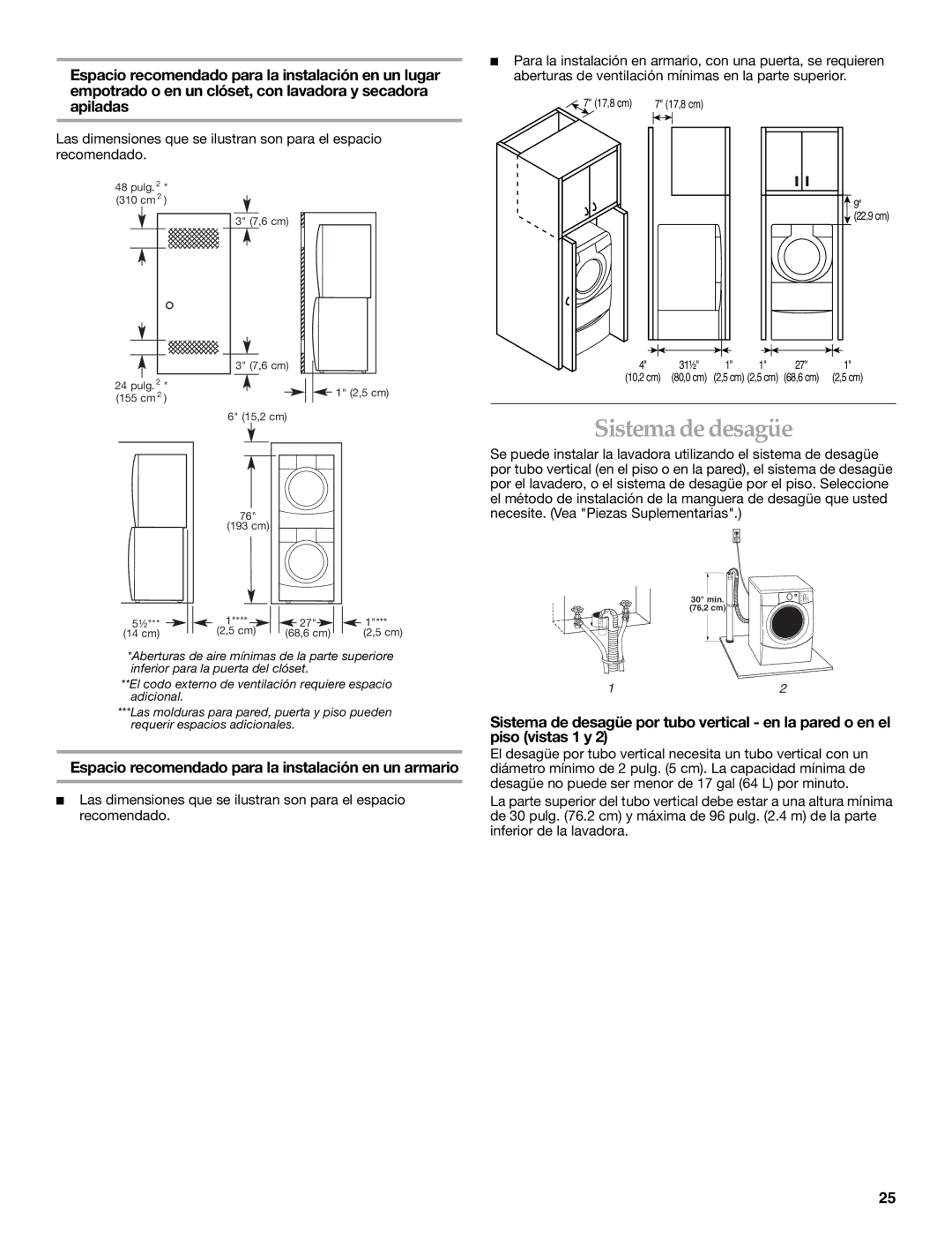 KitchenAid FRONT-LOADING AUTOMATIC WASHER manual Sistema de desagüe, Espacio recomendado para la instalación en un armario 