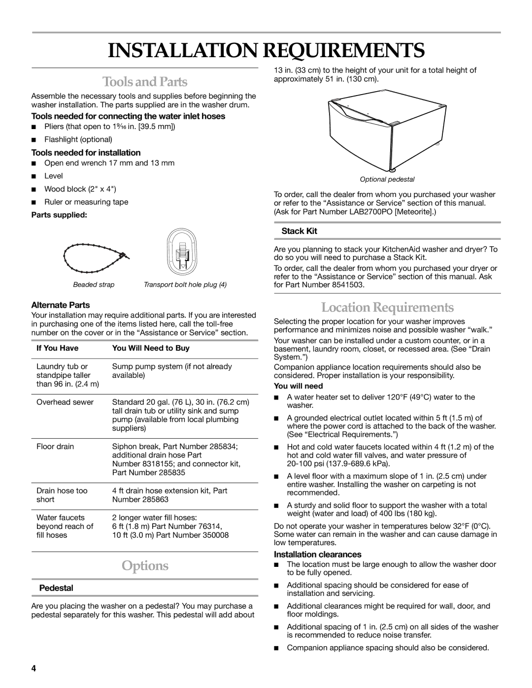 KitchenAid FRONT-LOADING AUTOMATIC WASHER manual Installation Requirements, Tools and Parts, Options, Location Requirements 