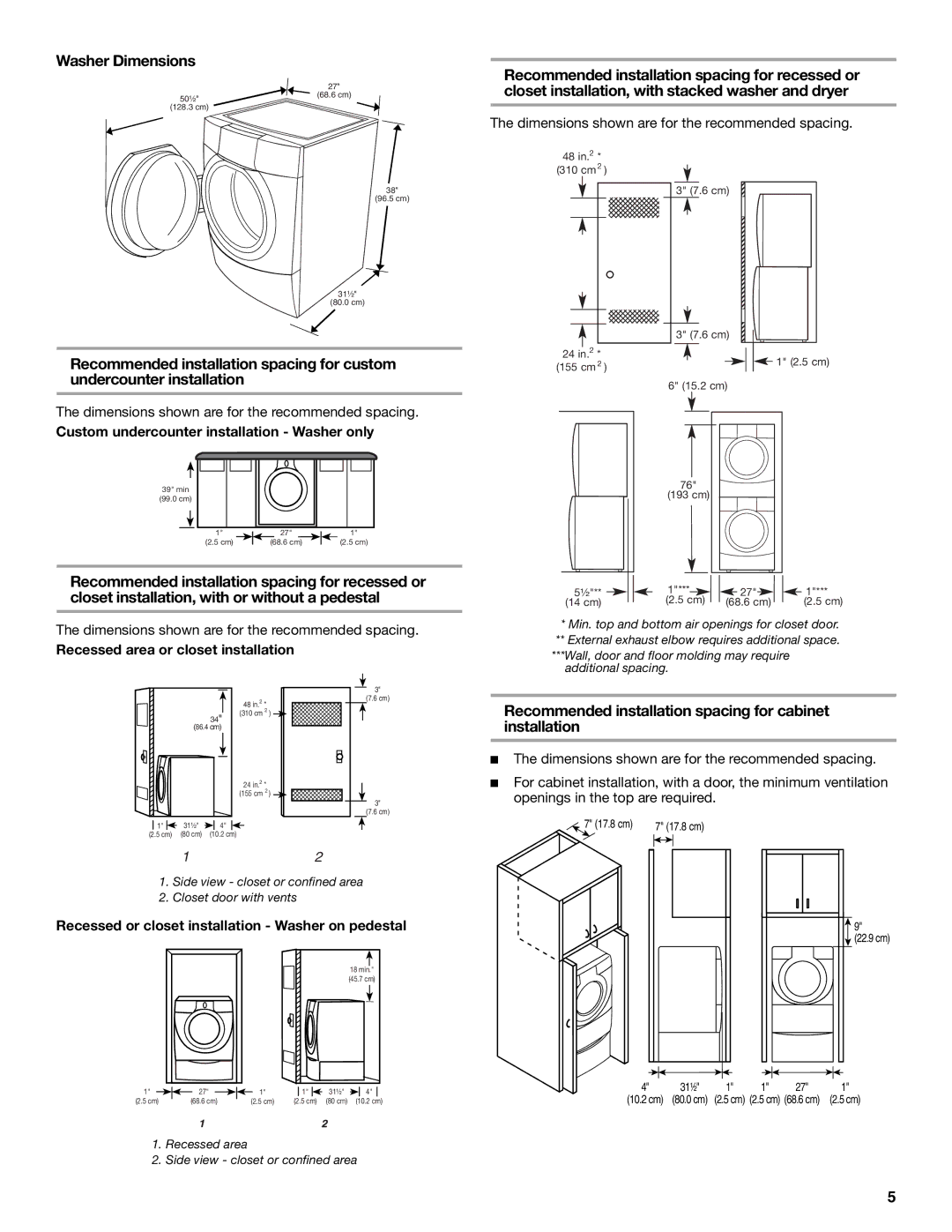 KitchenAid FRONT-LOADING AUTOMATIC WASHER Washer Dimensions, Recommended installation spacing for cabinet installation 