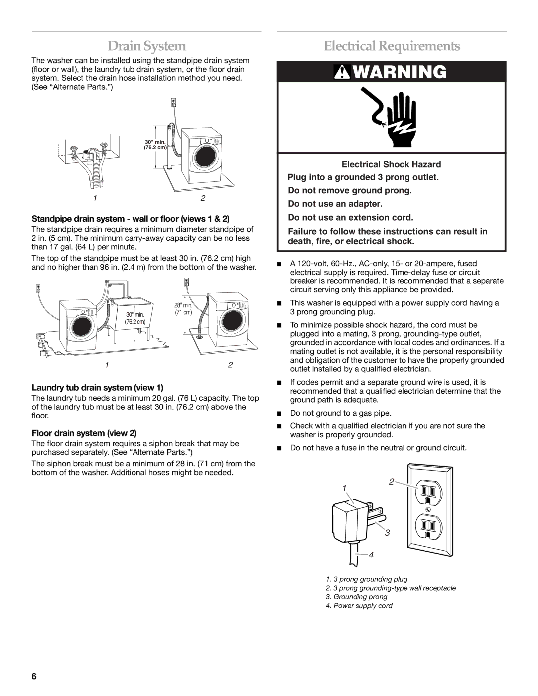 KitchenAid FRONT-LOADING AUTOMATIC WASHER manual Drain System, Electrical Requirements, Laundry tub drain system view 