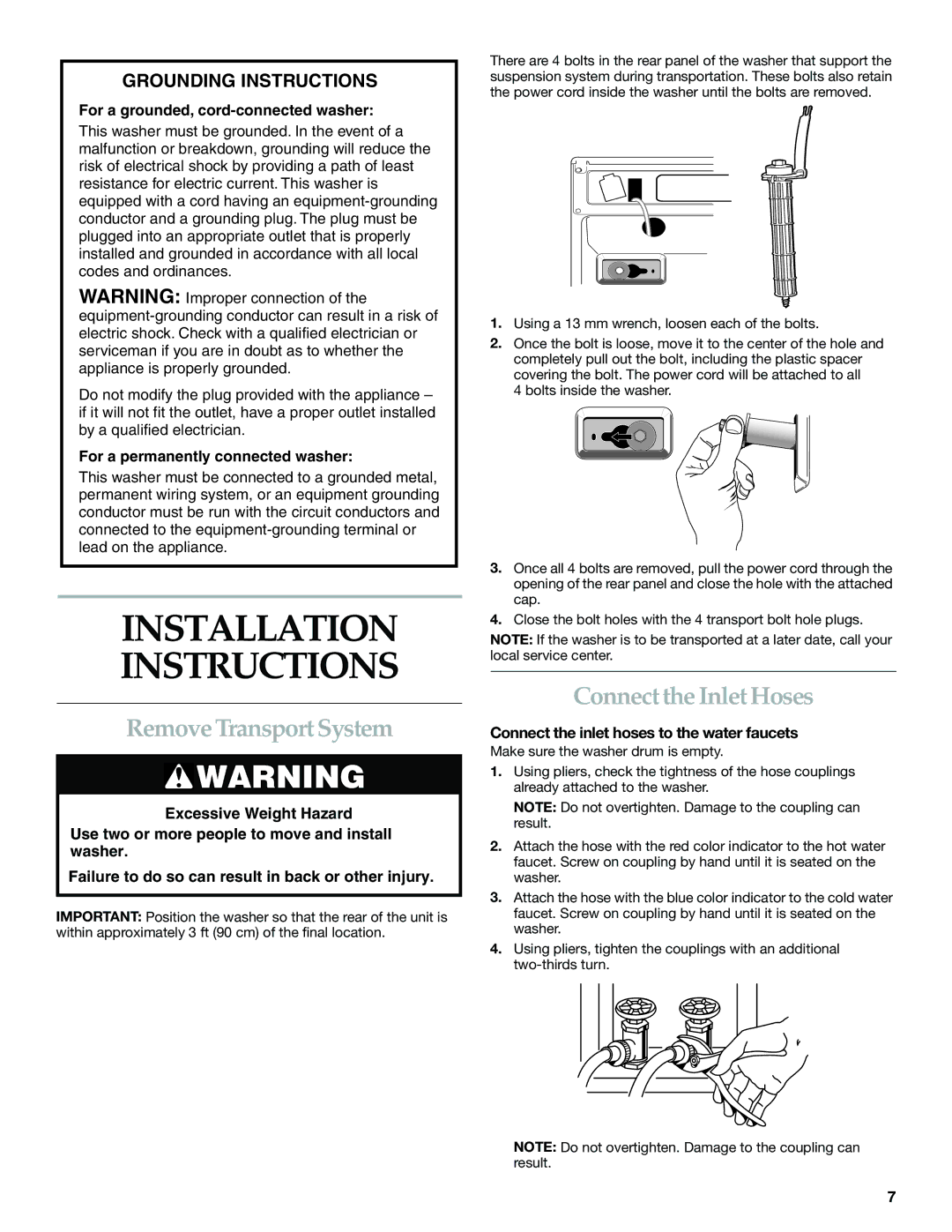 KitchenAid FRONT-LOADING AUTOMATIC WASHER Installation Instructions, Remove Transport System, Connect the Inlet Hoses 