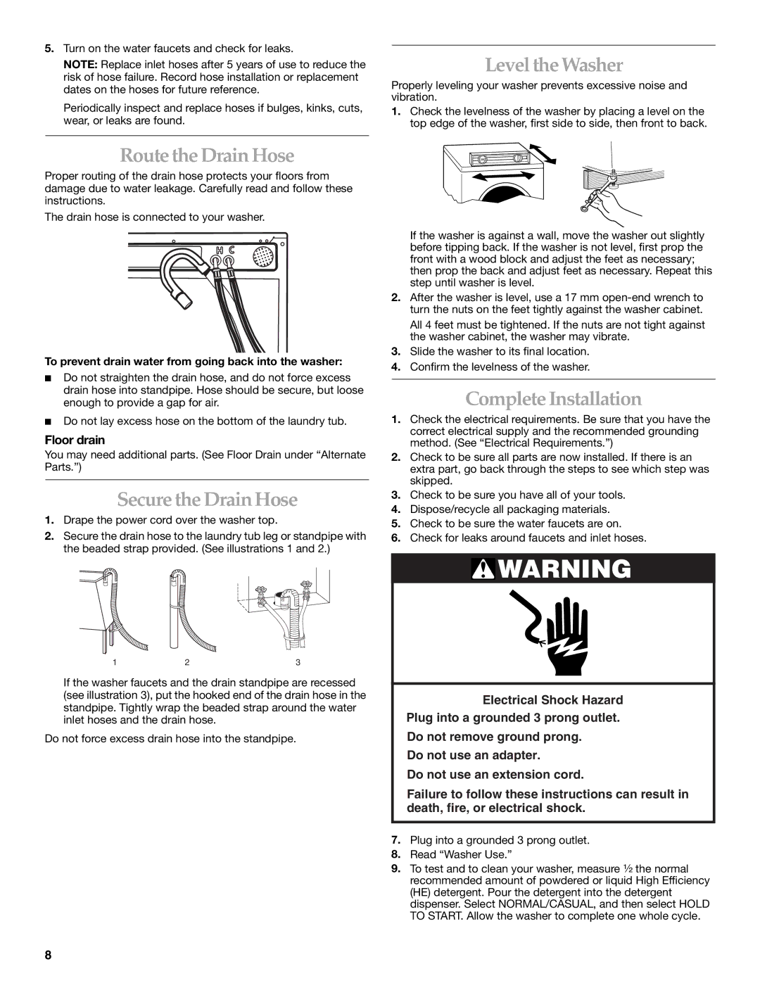 KitchenAid FRONT-LOADING AUTOMATIC WASHER manual Level the Washer, Route the Drain Hose, Secure the Drain Hose, Floor drain 