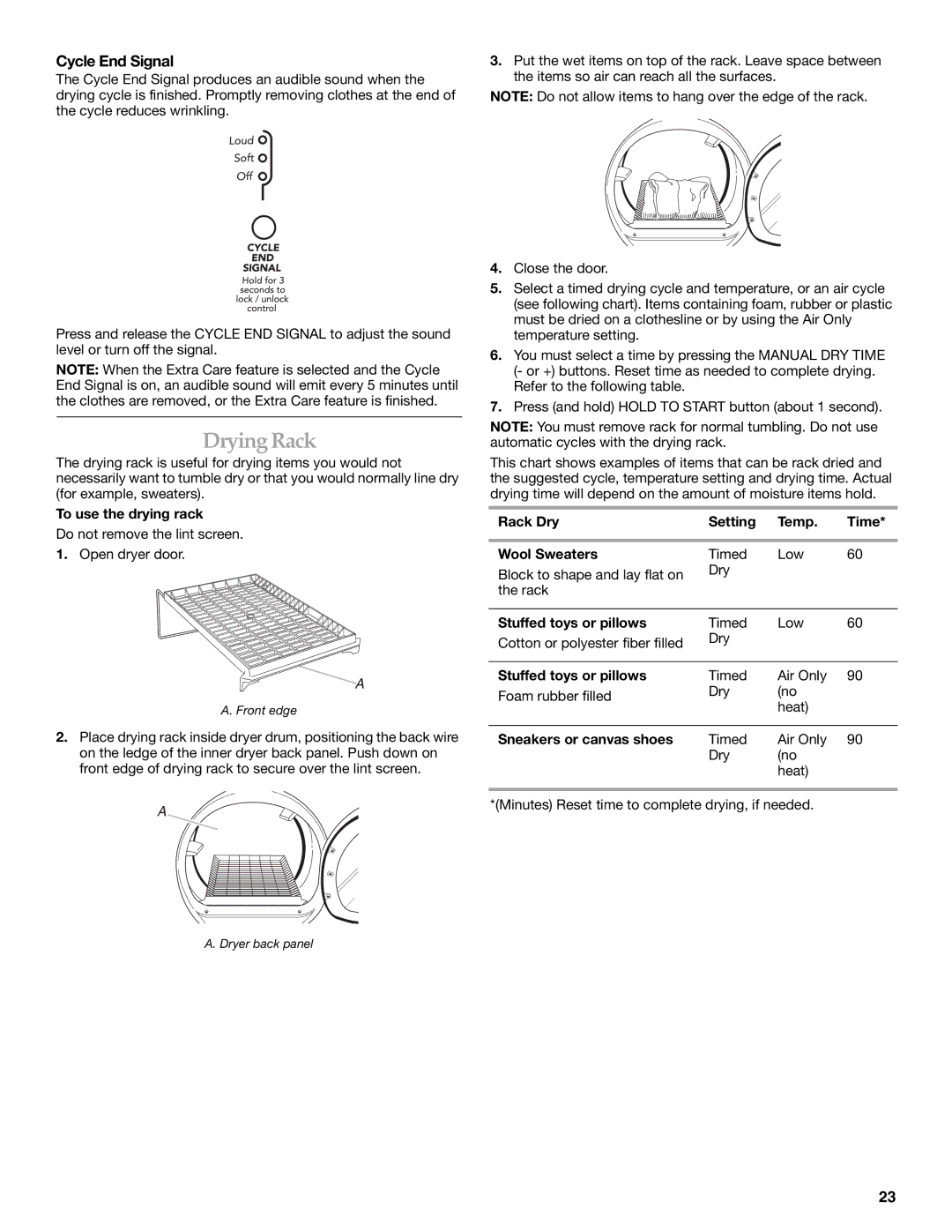 KitchenAid FRONT-LOADING ELECTRIC DRYER manual DryingRack, Cycle End Signal 