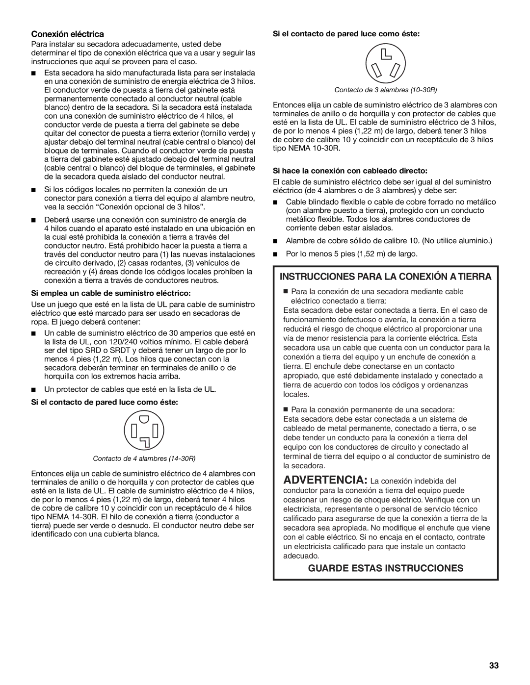 KitchenAid FRONT-LOADING ELECTRIC DRYER manual Conexión eléctrica, Si emplea un cable de suministro eléctrico 