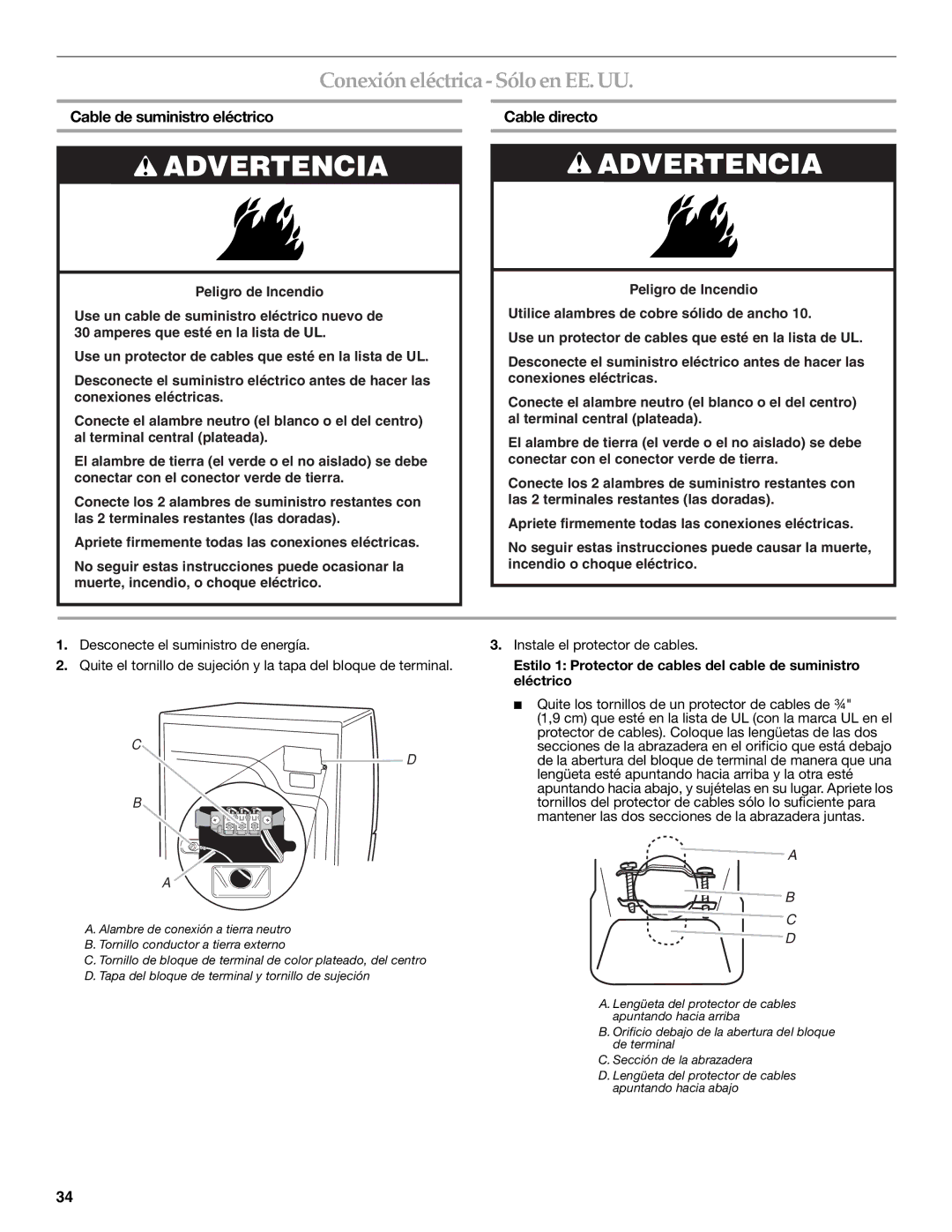 KitchenAid FRONT-LOADING ELECTRIC DRYER Conexión eléctrica Sólo en EE. UU, Cable de suministro eléctrico, Cable directo 