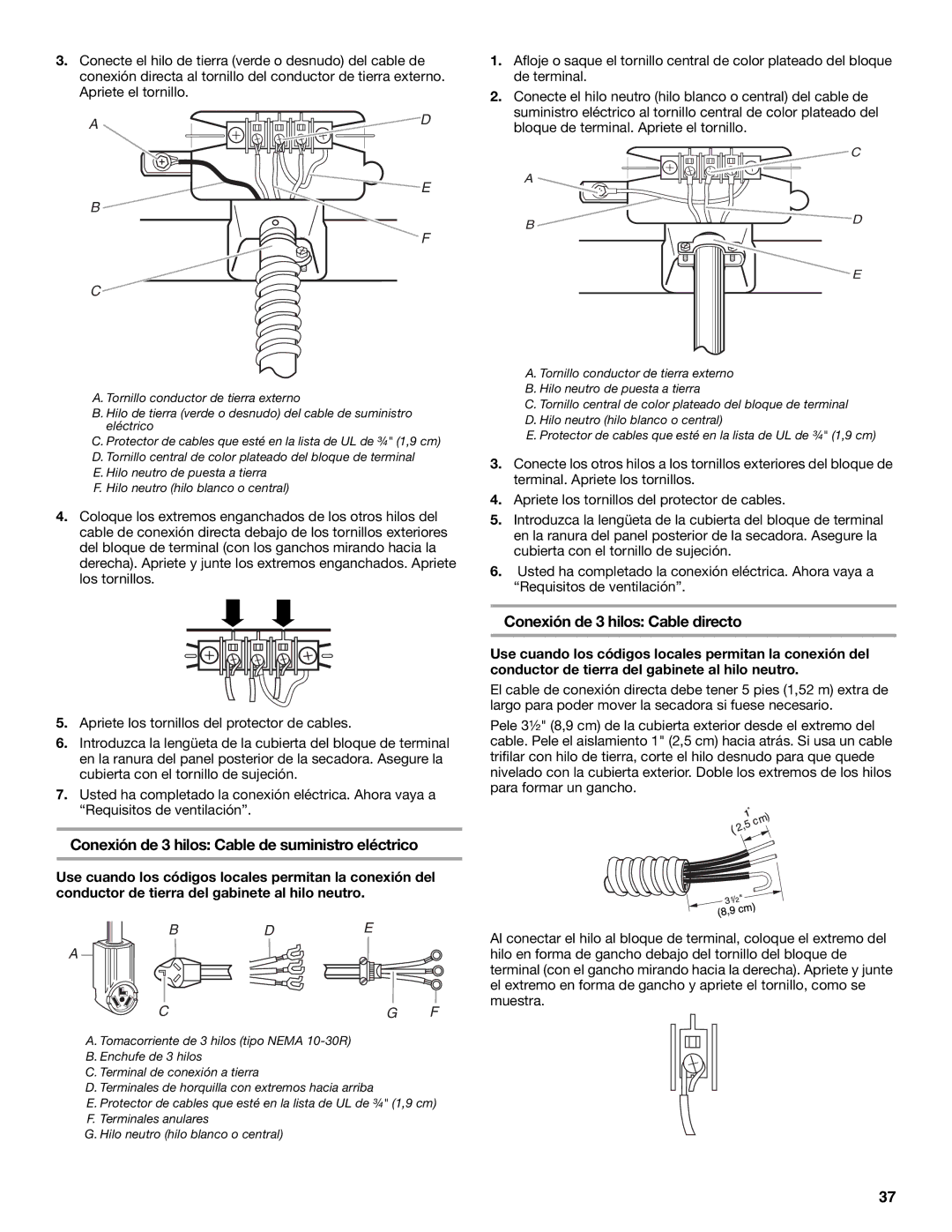 KitchenAid FRONT-LOADING ELECTRIC DRYER manual Conexión de 3 hilos Cable de suministro eléctrico 