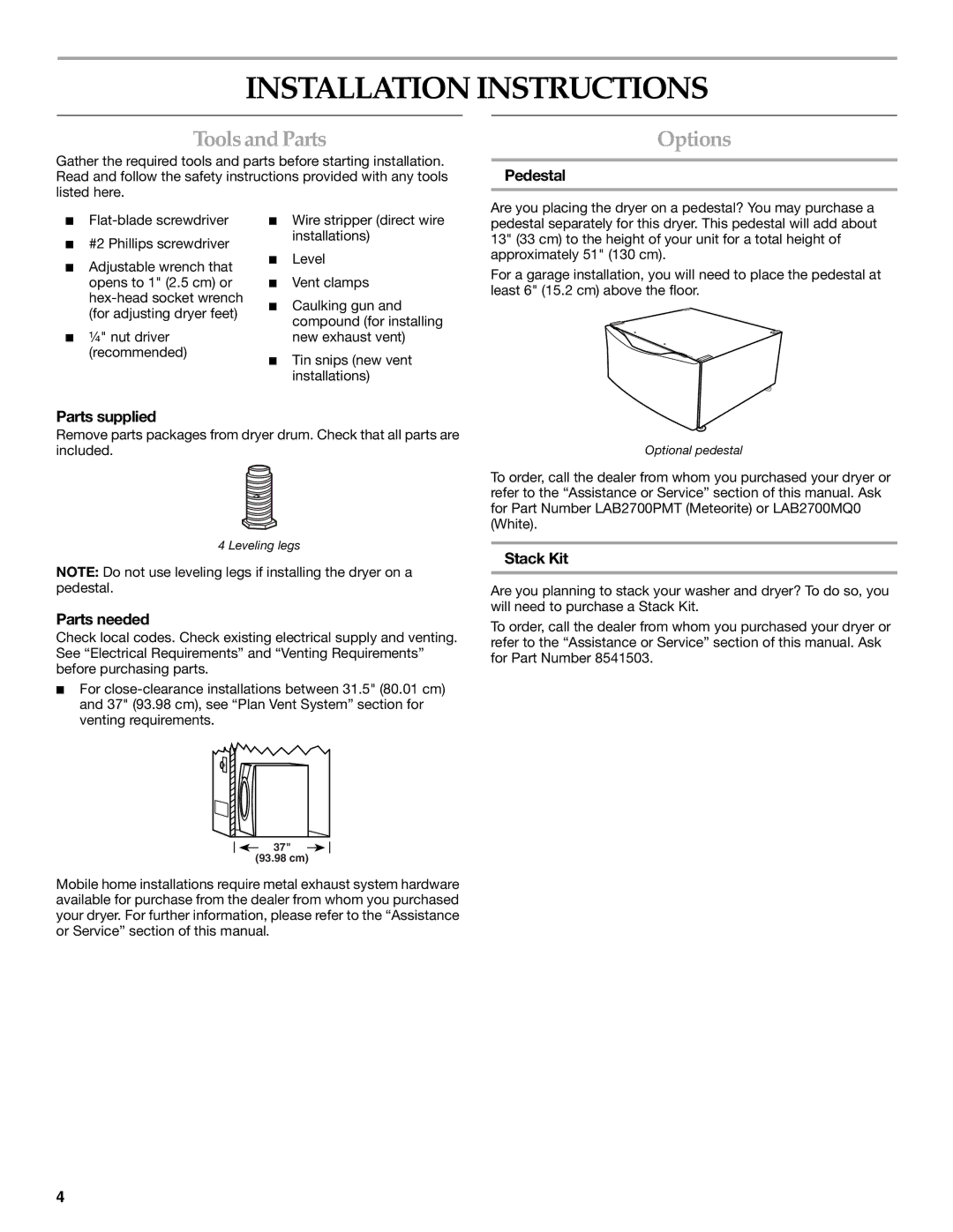 KitchenAid FRONT-LOADING ELECTRIC DRYER manual Installation Instructions, Toolsand Parts, Options 