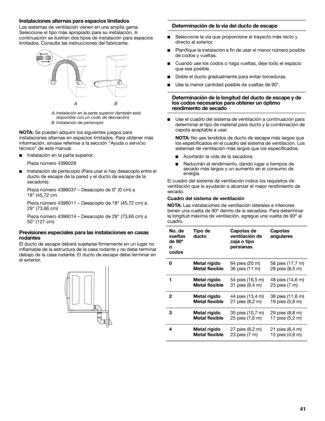 KitchenAid FRONT-LOADING ELECTRIC DRYER Instalaciones alternas para espacios limitados, Cuadro del sistema de ventilación 