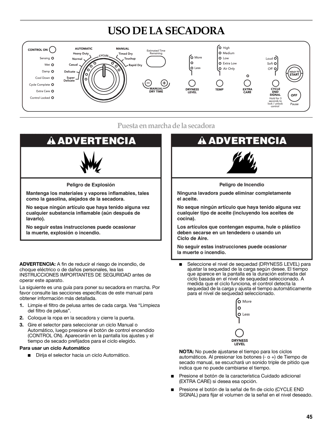 KitchenAid FRONT-LOADING ELECTRIC DRYER USO DE LA Secadora, Puesta en marcha de la secadora, Para usar un ciclo Automático 