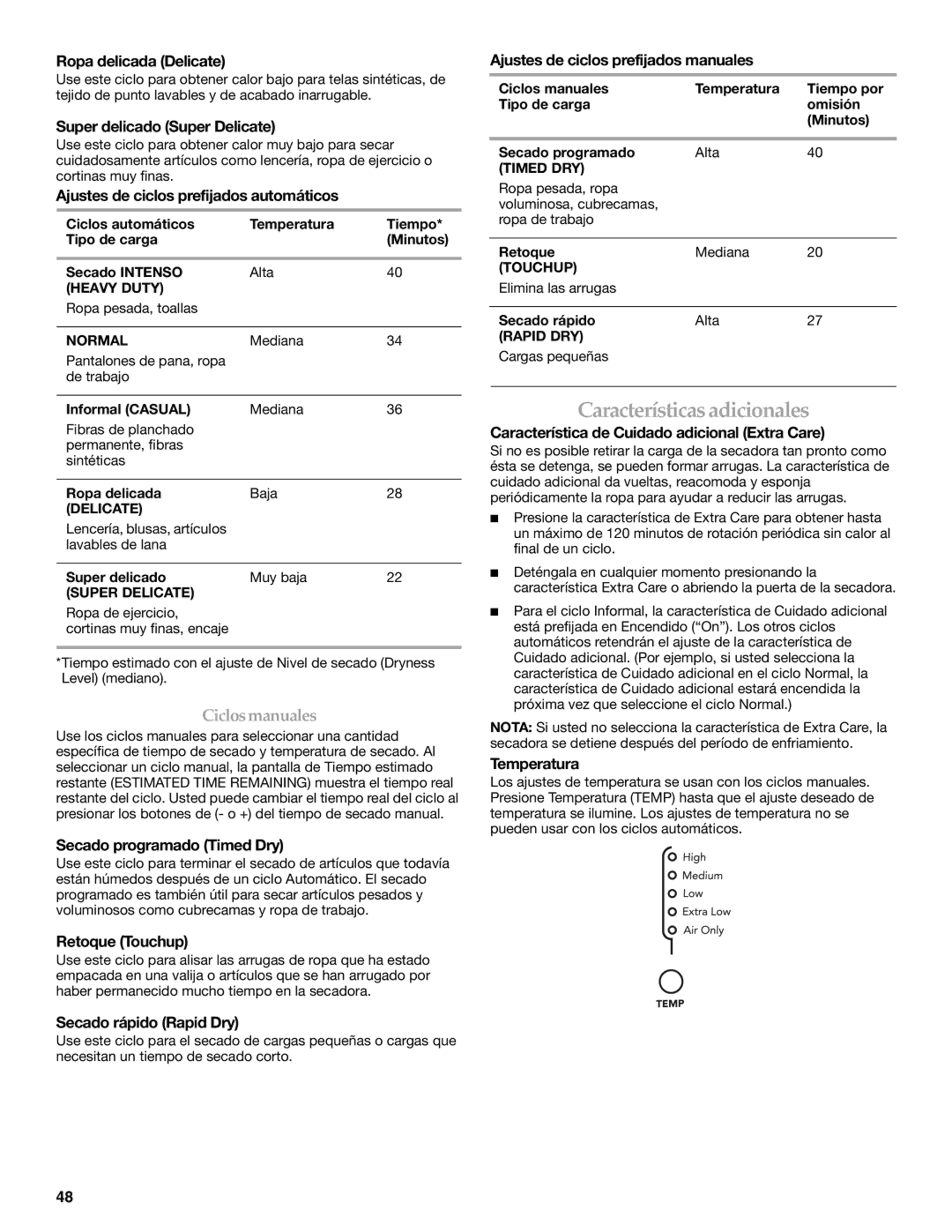 KitchenAid FRONT-LOADING ELECTRIC DRYER manual Característicasadicionales 