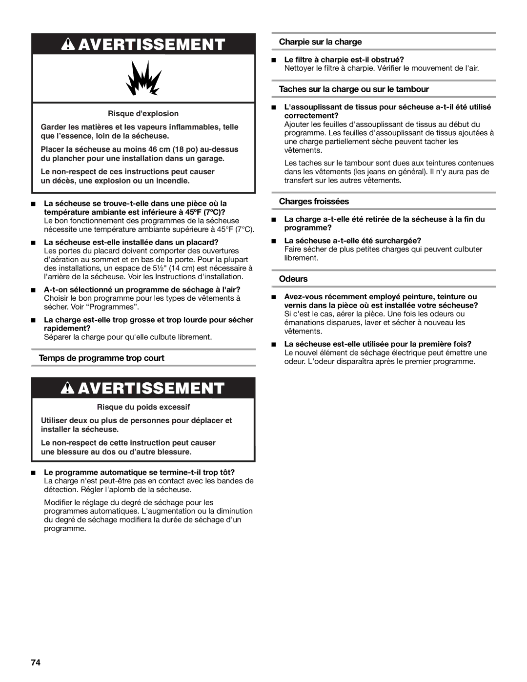 KitchenAid FRONT-LOADING ELECTRIC DRYER Temps de programme trop court, Charpie sur la charge, Charges froissées, Odeurs 